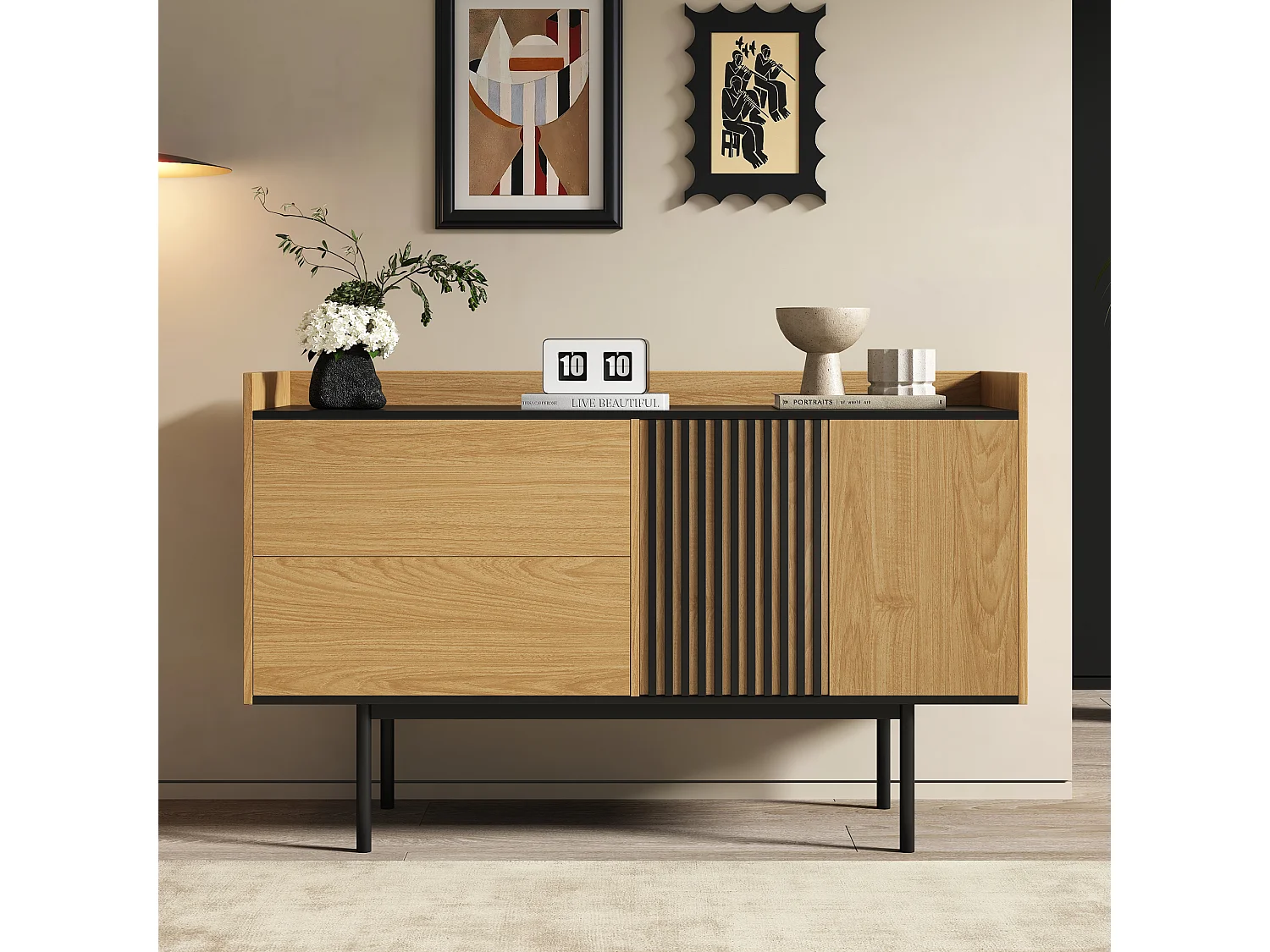 Aparador moderno em madeira MDF com 2 gavetas e prateleira ajustável com portas para sala de estar e jantar, preto natural