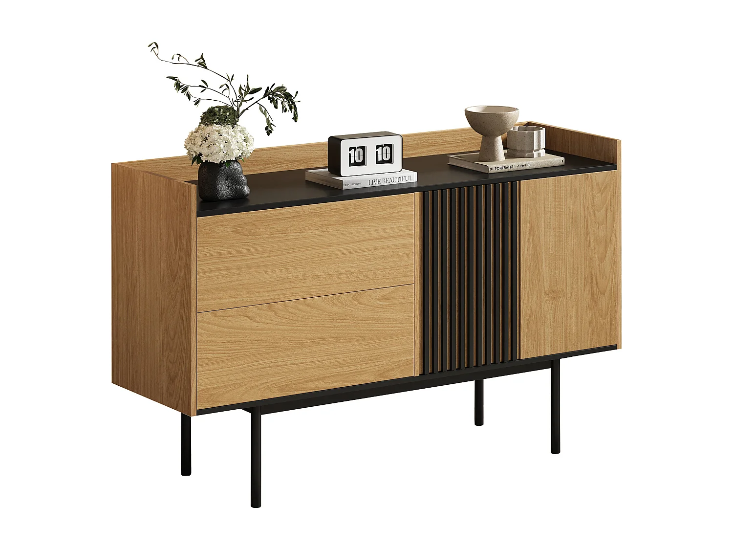 Aparador moderno em madeira MDF com 2 gavetas e prateleira ajustável com portas para sala de estar e jantar, preto natural