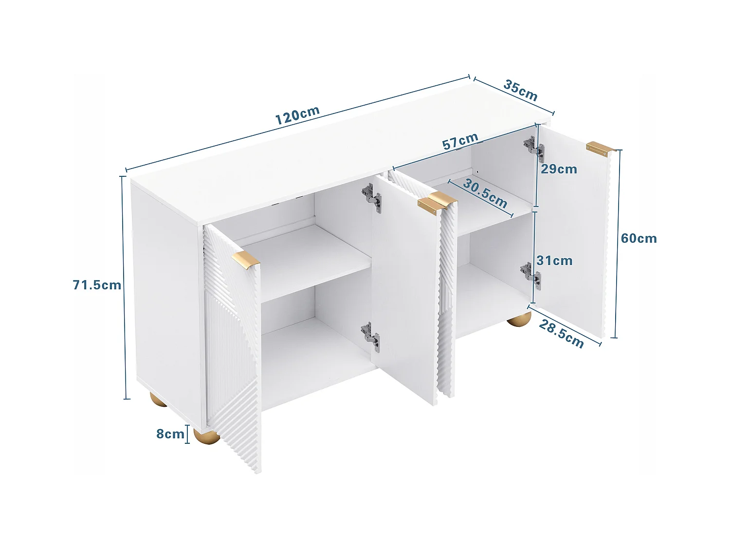 Aparador moderno de MDF blanco de 120 cm con 4 puertas talladas almacenaje salón comedor