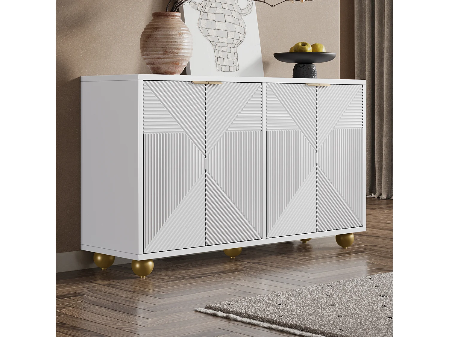 Buffet bianco moderno MDF 120 cm con 4 porte scolpite rangement salon salle à manger