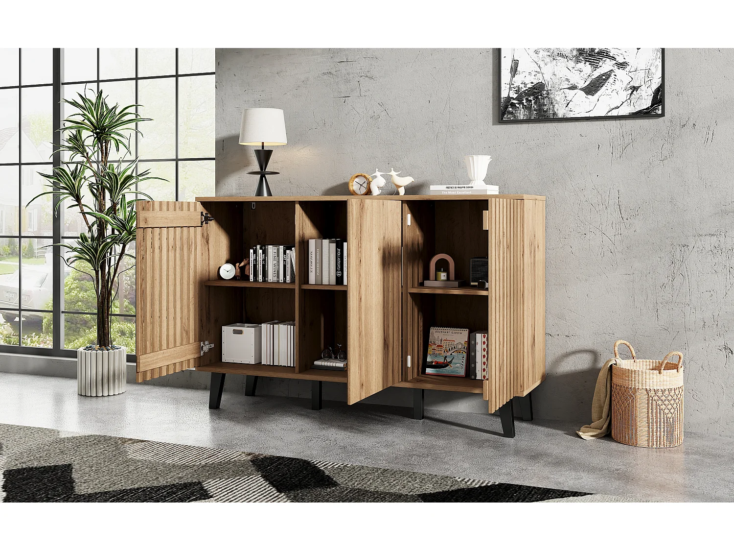 Aparador de madeira MDF 3 portas 6 compartimentos sala de estar quarto estilo natural 150x40x95 cm