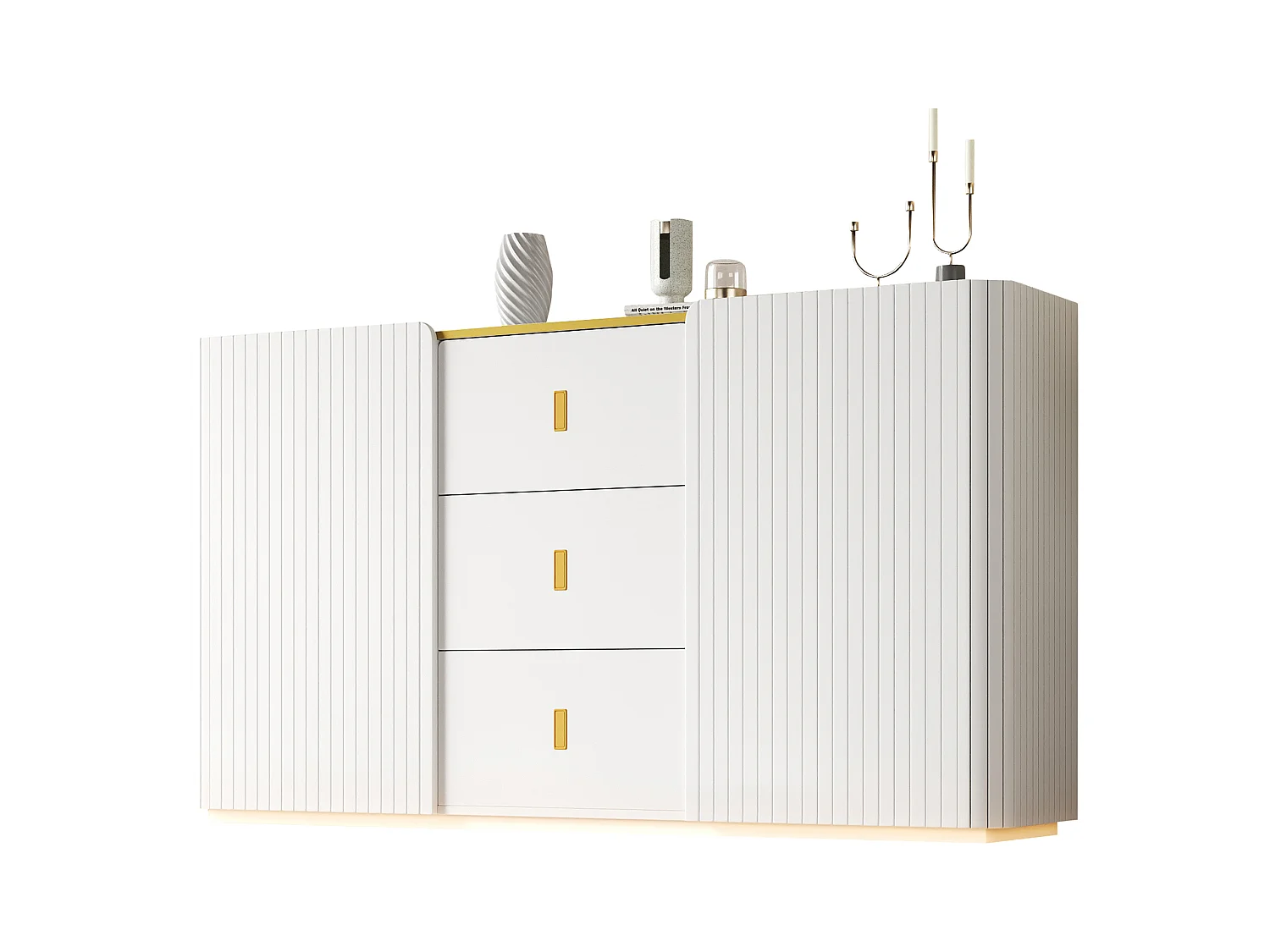 Aparador de madera blanca con LED RGB, paneles decorativos, almacenaje, 150x35x80 cm, salón, cocina moderna