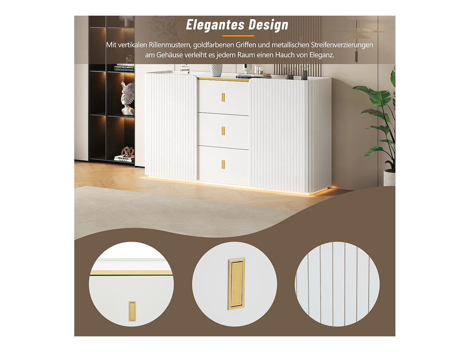 Aparador de madera blanca con LED RGB, paneles decorativos, almacenaje, 150x35x80 cm, salón, cocina moderna