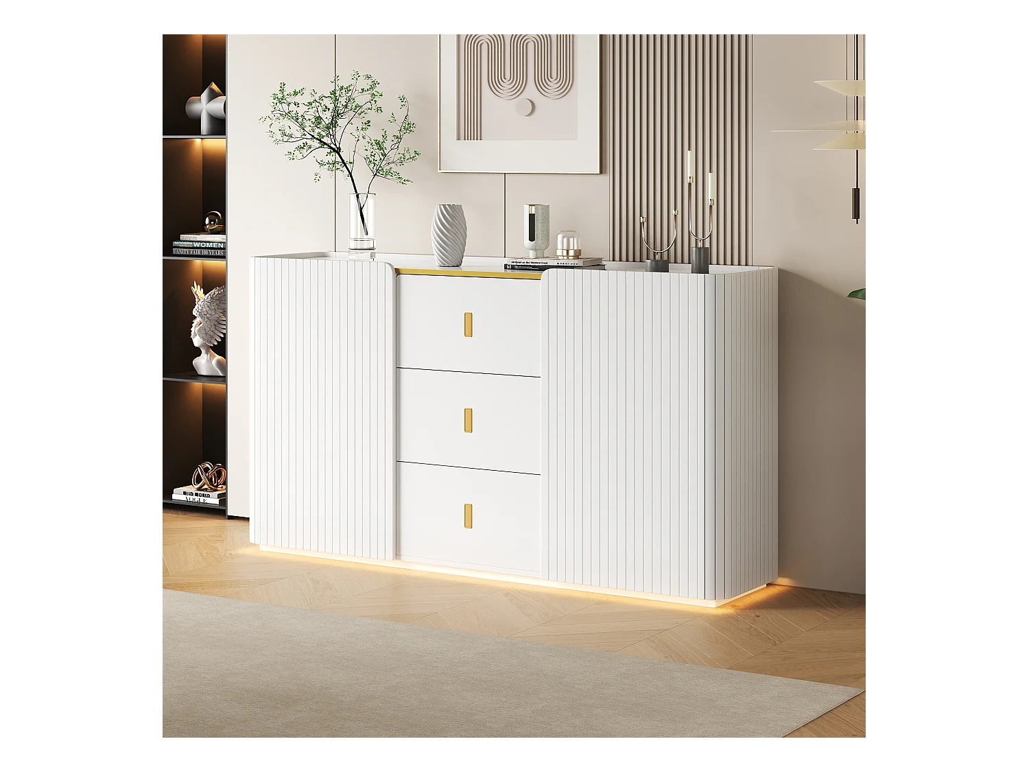 Aparador de madera blanca con LED RGB, paneles decorativos, almacenaje, 150x35x80 cm, salón, cocina moderna