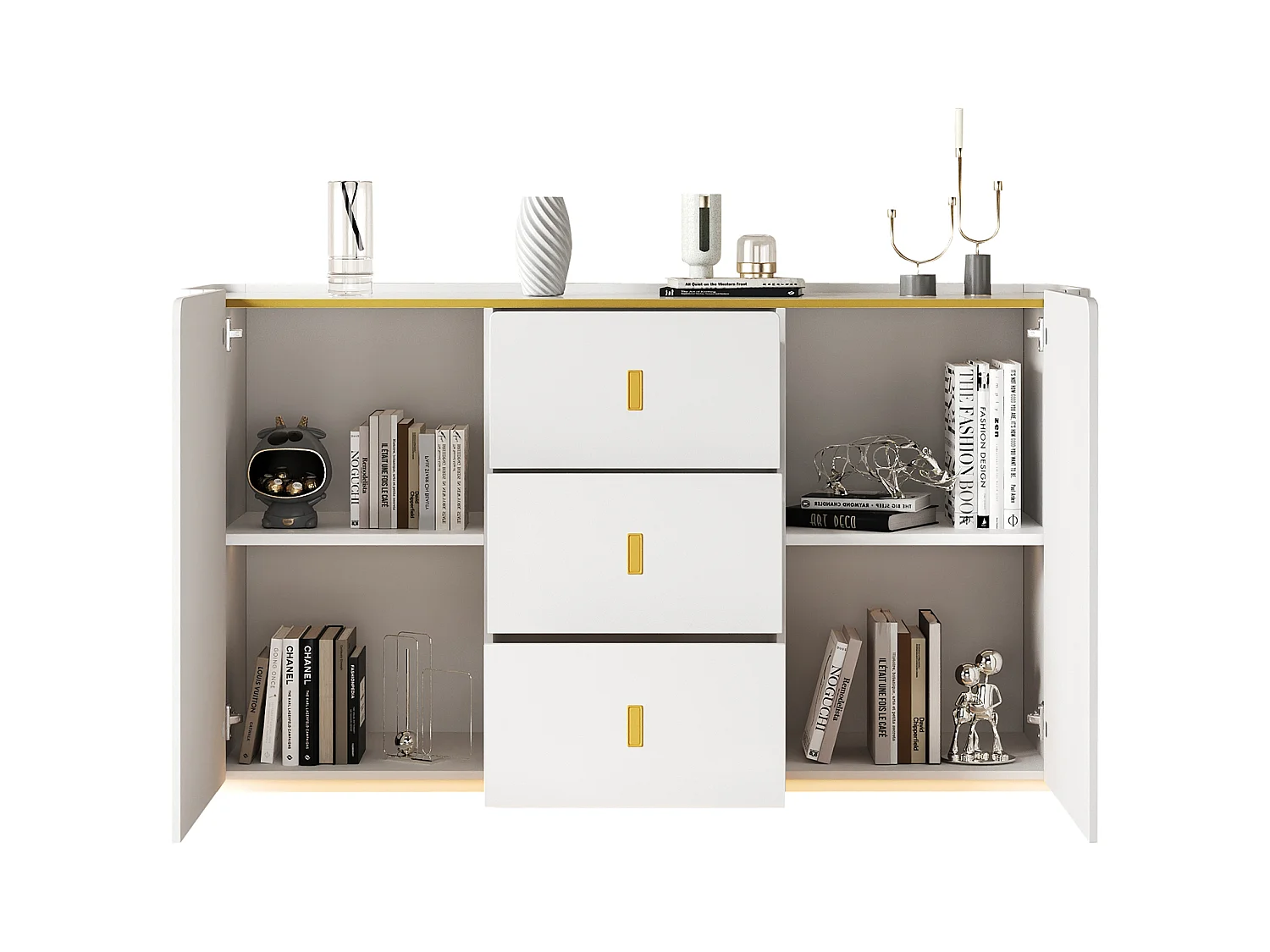 Aparador de madera blanca con LED RGB, paneles decorativos, almacenaje, 150x35x80 cm, salón, cocina moderna