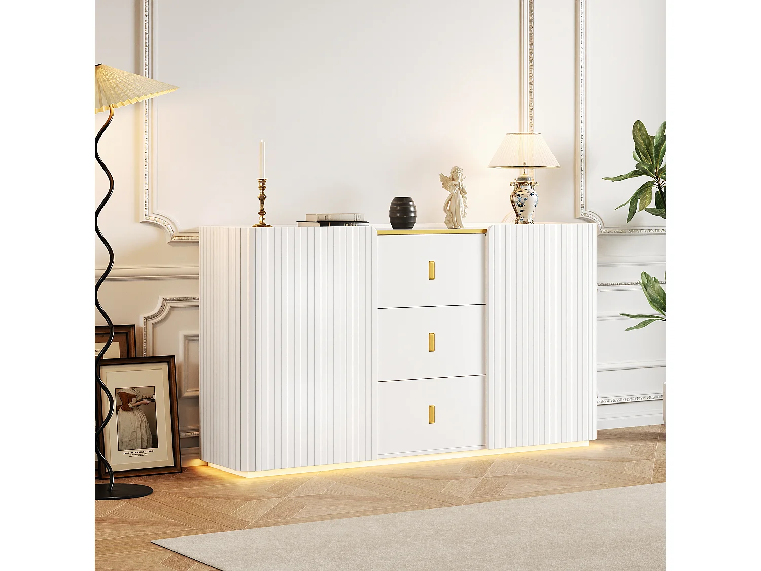 Buffet LED RGB bois blanc panneaux décoratifs rangement 150x35x80 cm salon cuisine moderne