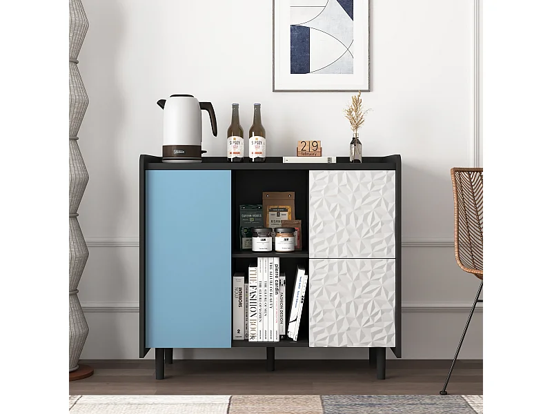 Buffet nero con portes bleues, 2 cassetti e 2 nicchie aperte, mobile rangement 90x40x80 cm