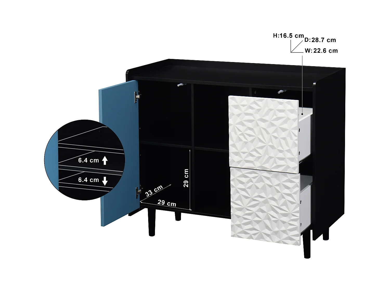 Aparador preto com portas azuis, 2 gavetas e 2 nichos abertos, módulo de arrumação 90x40x80 cm