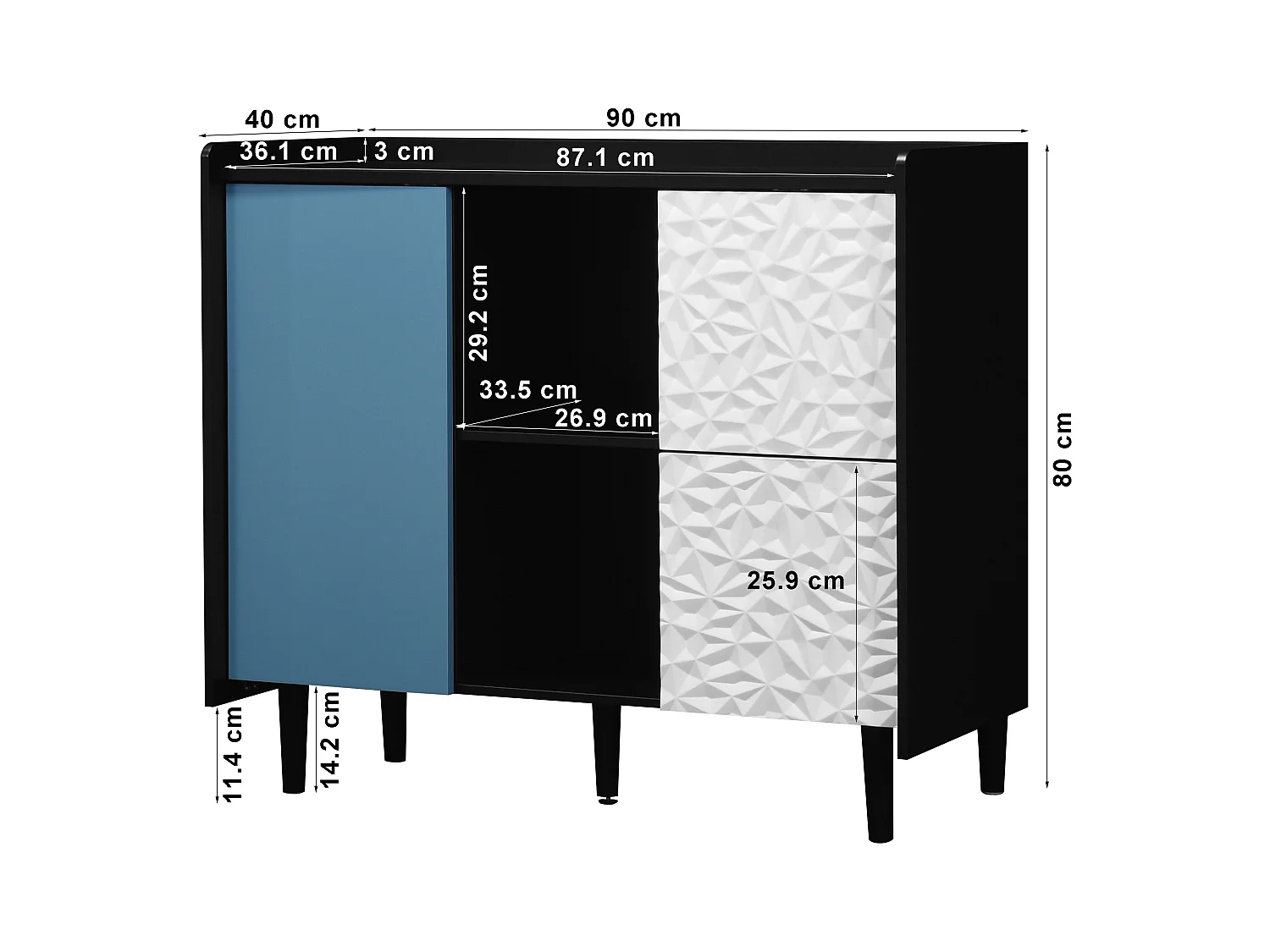 Aparador preto com portas azuis, 2 gavetas e 2 nichos abertos, módulo de arrumação 90x40x80 cm