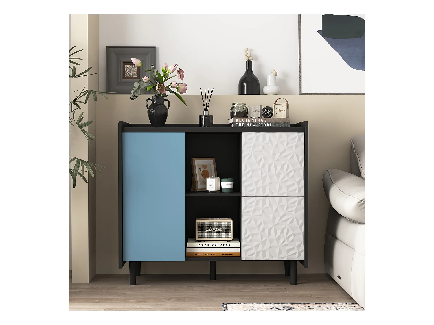 Aparador preto com portas azuis, 2 gavetas e 2 nichos abertos, módulo de arrumação 90x40x80 cm