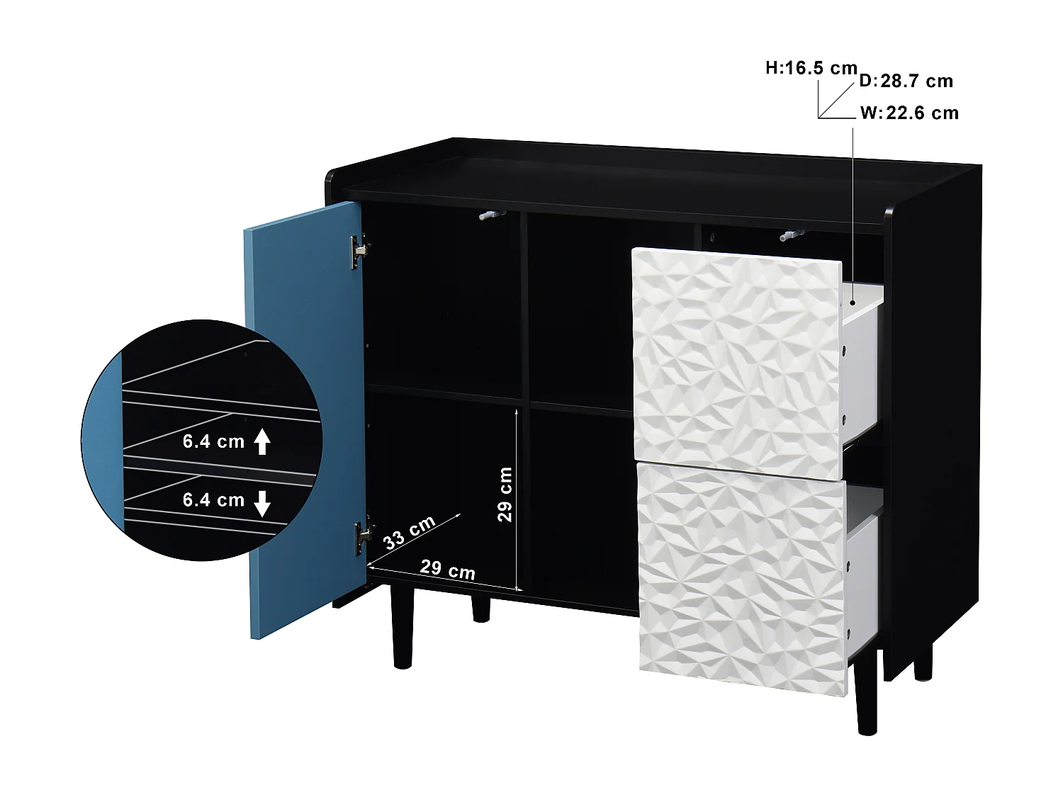 Aparador preto com portas azuis, 2 gavetas e 2 nichos abertos, módulo de arrumação 90x40x80 cm