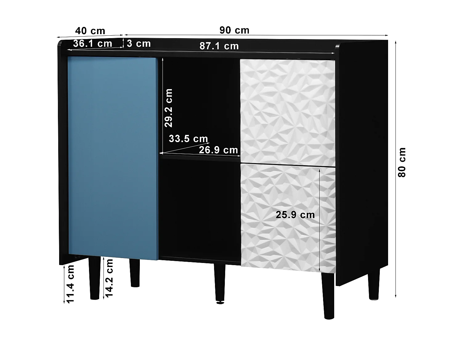 Aparador preto com portas azuis, 2 gavetas e 2 nichos abertos, módulo de arrumação 90x40x80 cm
