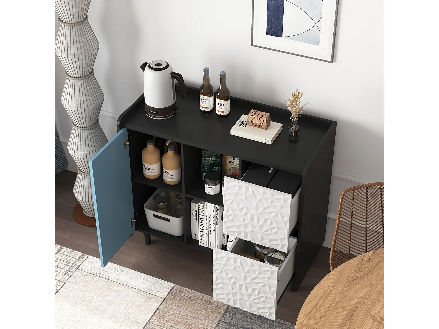 Aparador preto com portas azuis, 2 gavetas e 2 nichos abertos, módulo de arrumação 90x40x80 cm