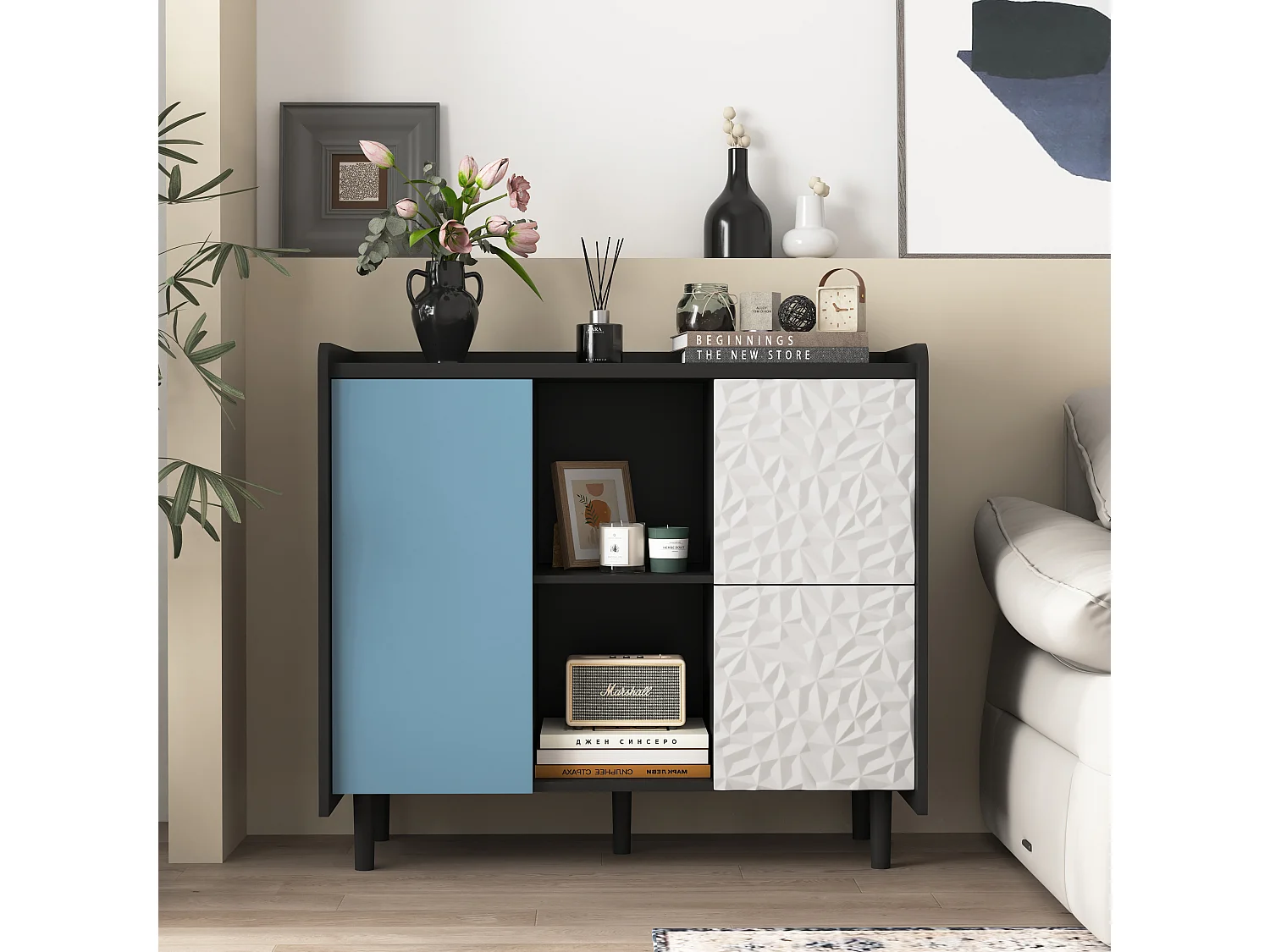 Aparador preto com portas azuis, 2 gavetas e 2 nichos abertos, módulo de arrumação 90x40x80 cm