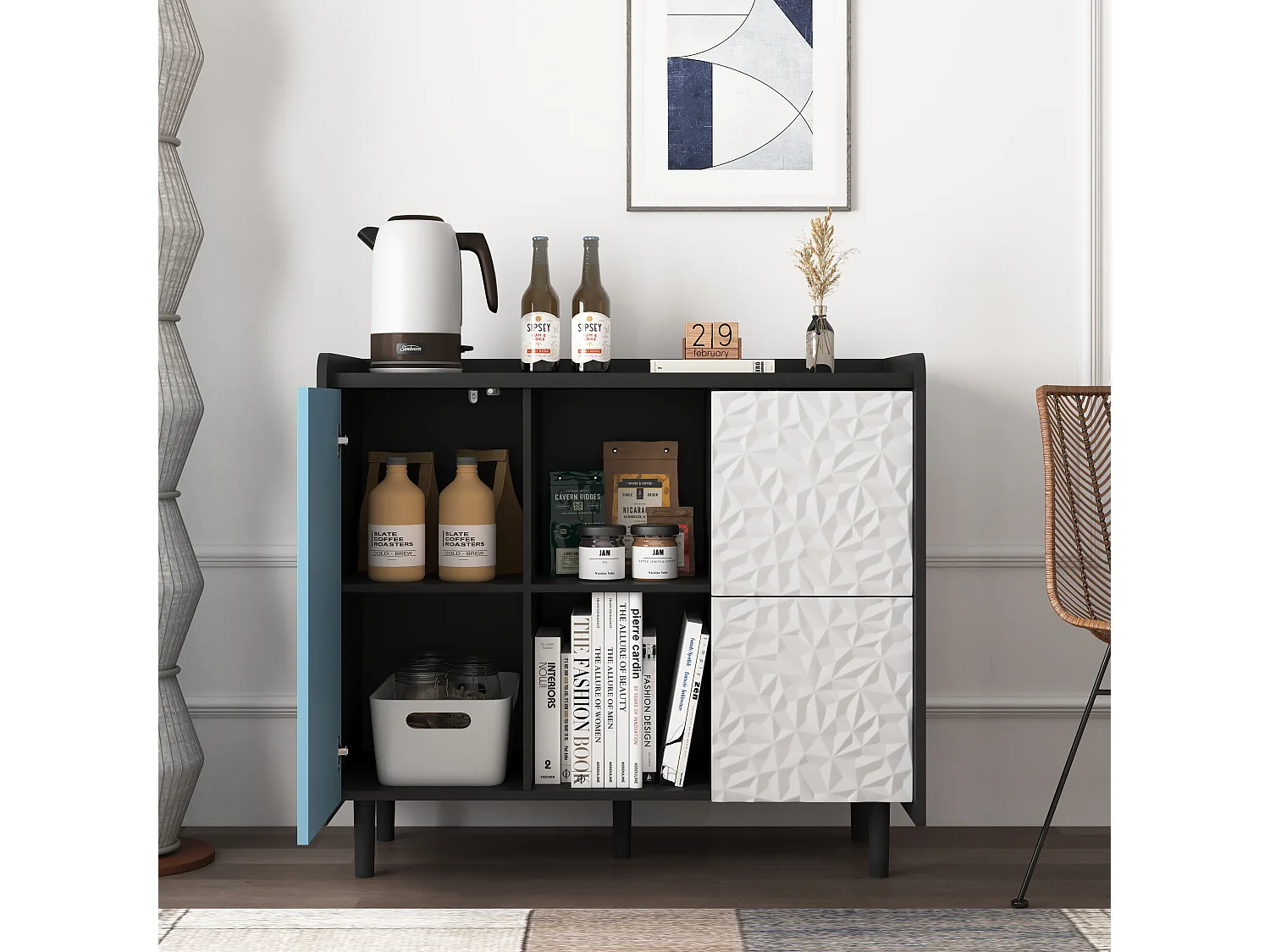 Aparador preto com portas azuis, 2 gavetas e 2 nichos abertos, módulo de arrumação 90x40x80 cm