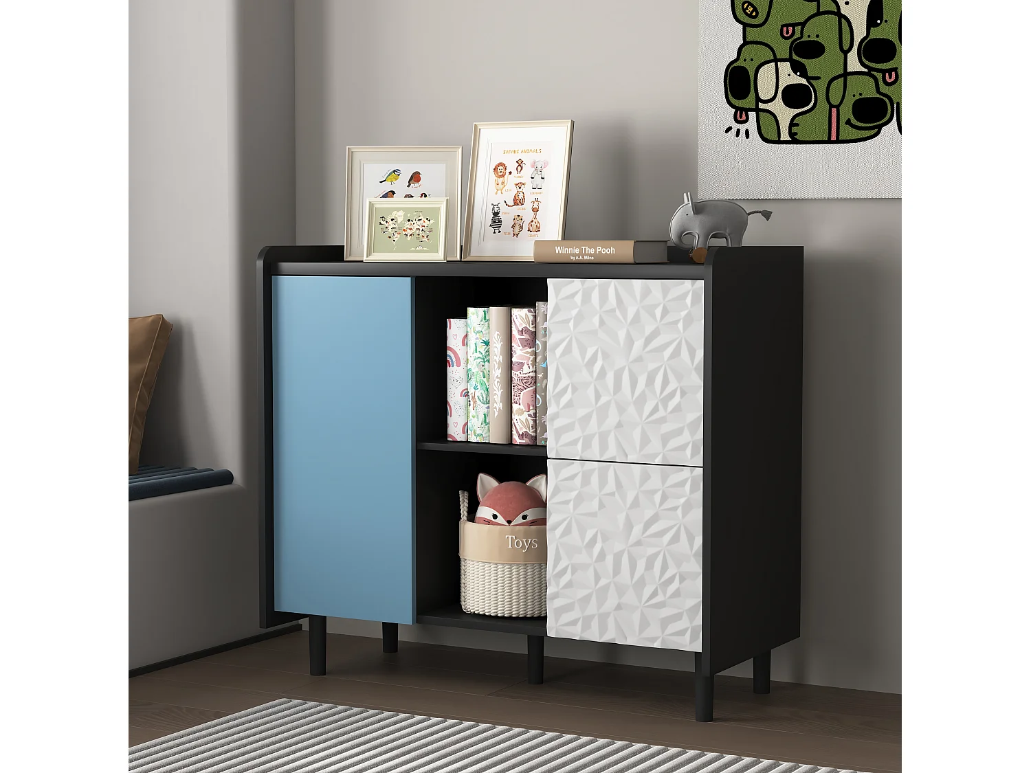 Aparador preto com portas azuis, 2 gavetas e 2 nichos abertos, módulo de arrumação 90x40x80 cm