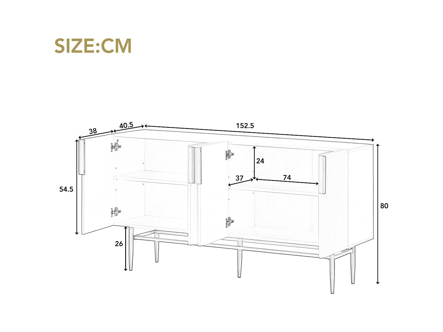 Aparador de 4 puertas de MDF y metal con tiradores dorados para salón comedor blanco