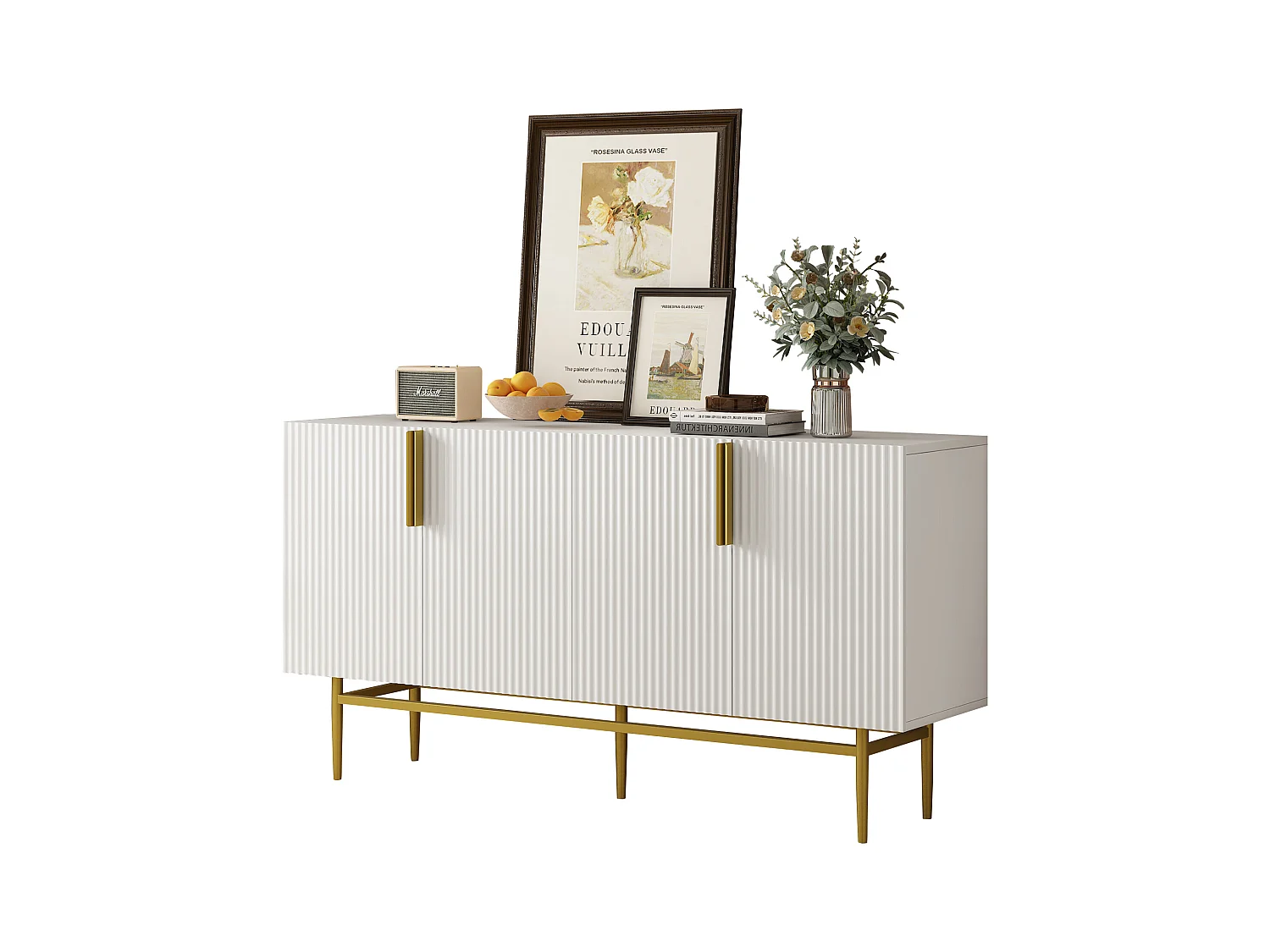 Aparador de 4 puertas de MDF y metal con tiradores dorados para salón comedor blanco