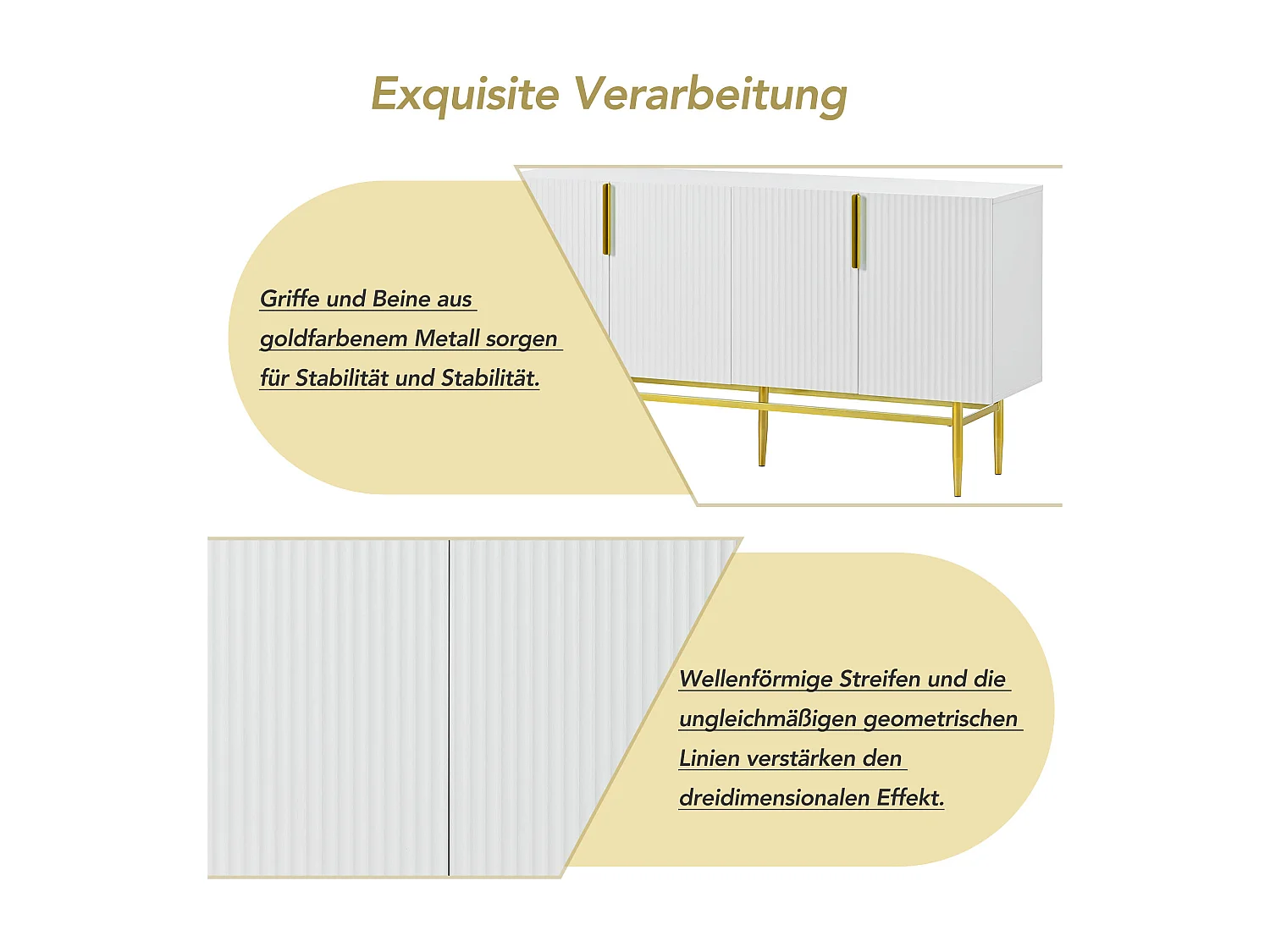 Aparador de 4 puertas de MDF y metal con tiradores dorados para salón comedor blanco