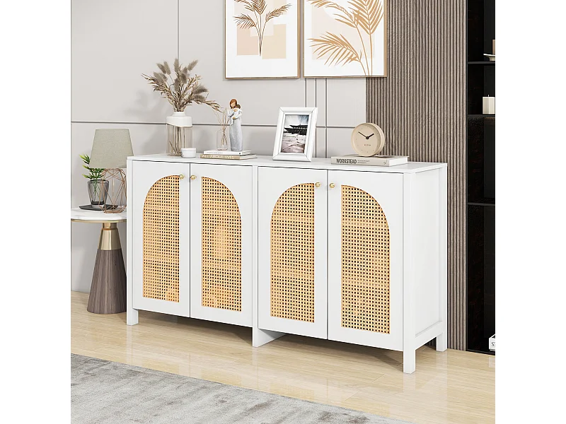 Aparador de 4 puertas MDF ratán diseño moderno almacenaje salón comedor blanco