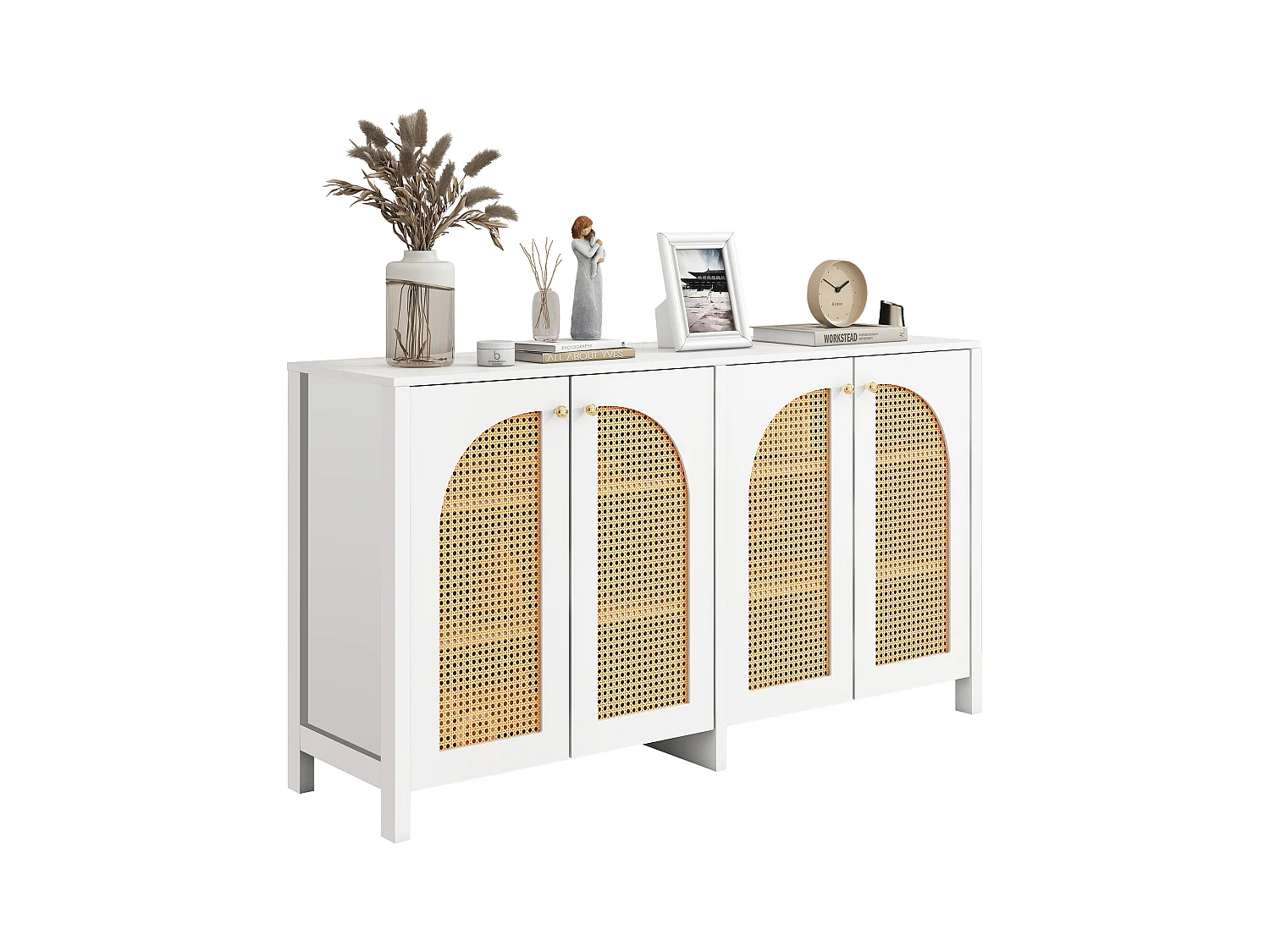 Aparador de 4 puertas MDF ratán diseño moderno almacenaje salón comedor blanco