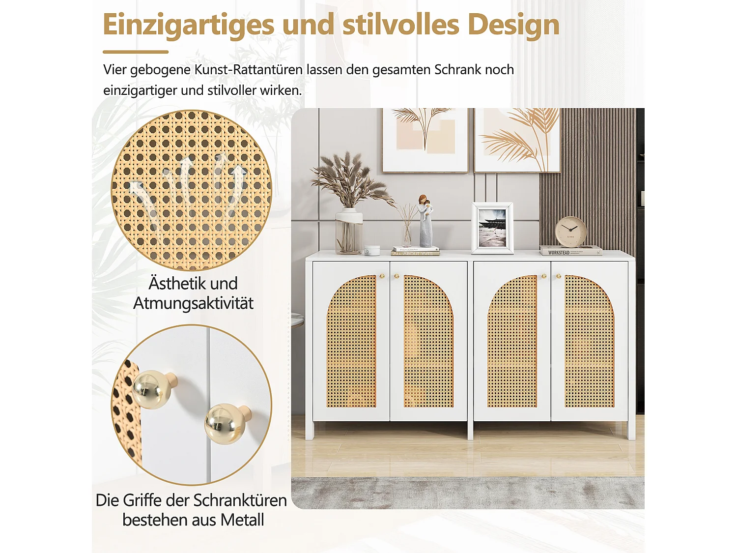 Aparador de 4 puertas MDF ratán diseño moderno almacenaje salón comedor blanco