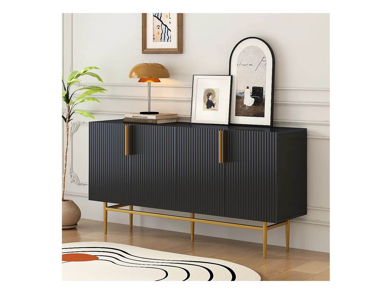 Aparador de 4 puertas de MDF y metal con tiradores dorados para salón comedor negro