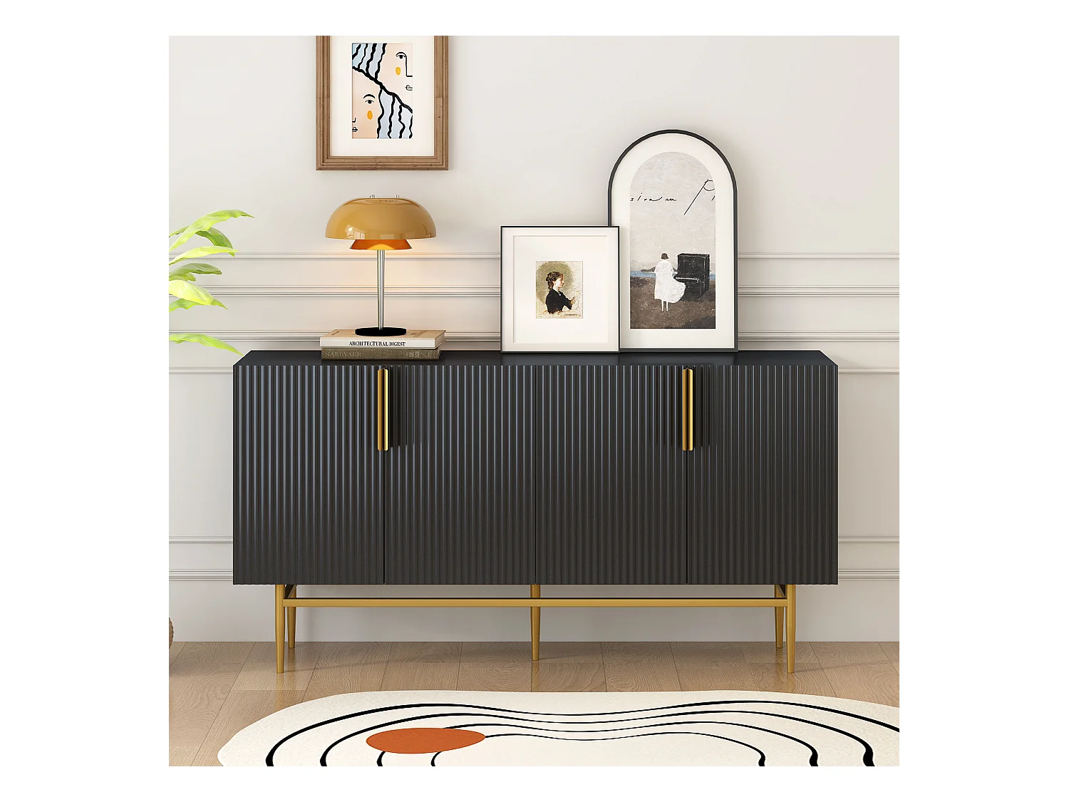 Aparador de 4 puertas de MDF y metal con tiradores dorados para salón comedor negro