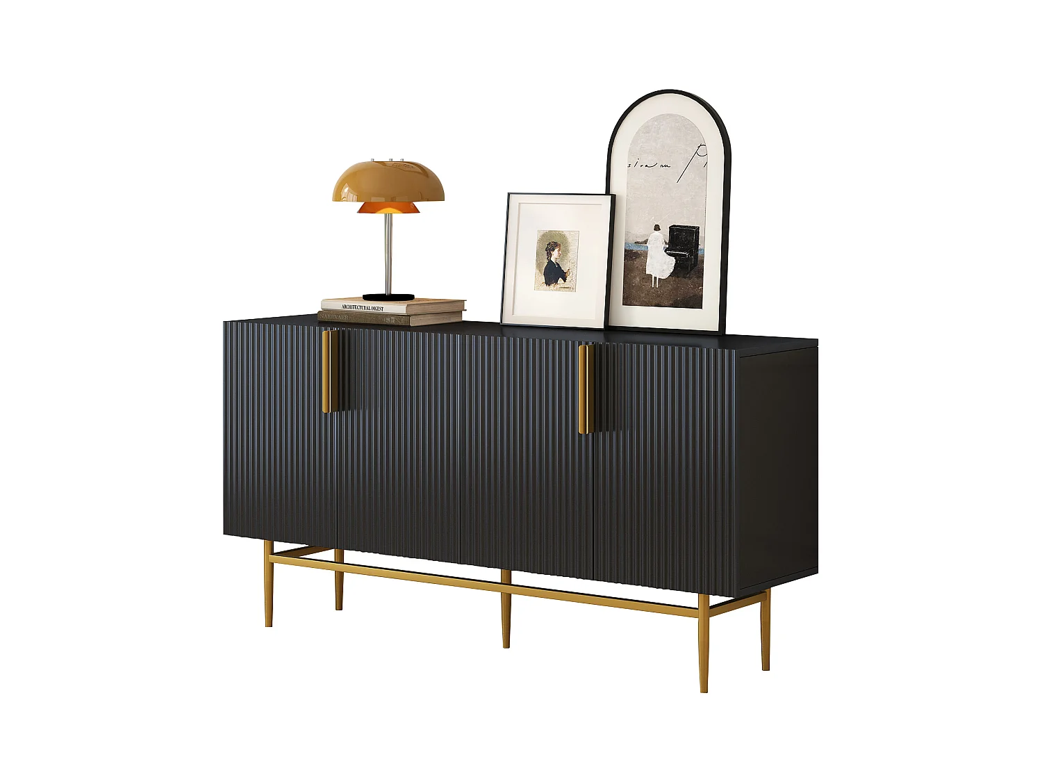 Aparador de 4 puertas de MDF y metal con tiradores dorados para salón comedor negro