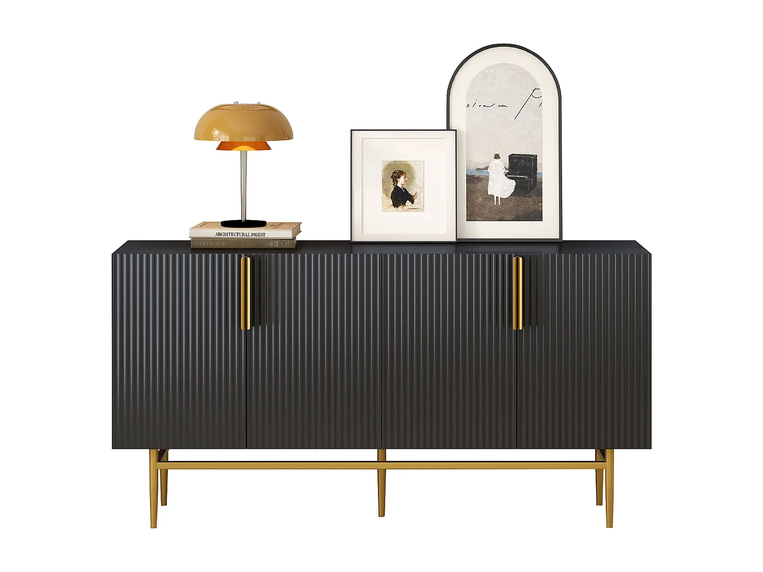 Aparador de 4 puertas de MDF y metal con tiradores dorados para salón comedor negro