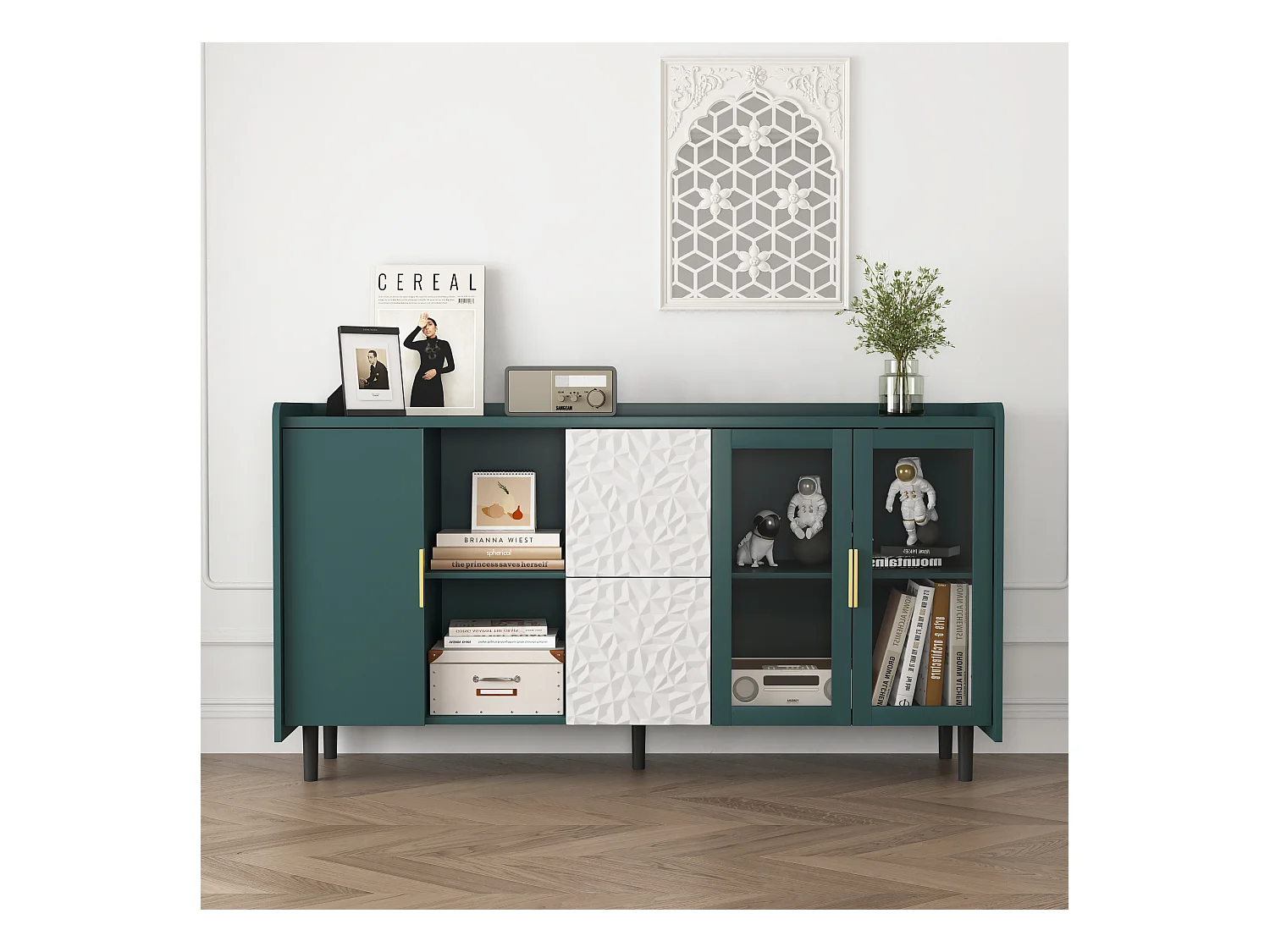 Aparador verde con puertas de cristal, 2 cajones y 2 nichos abiertos, mueble de almacenaje 146x55x80 cm