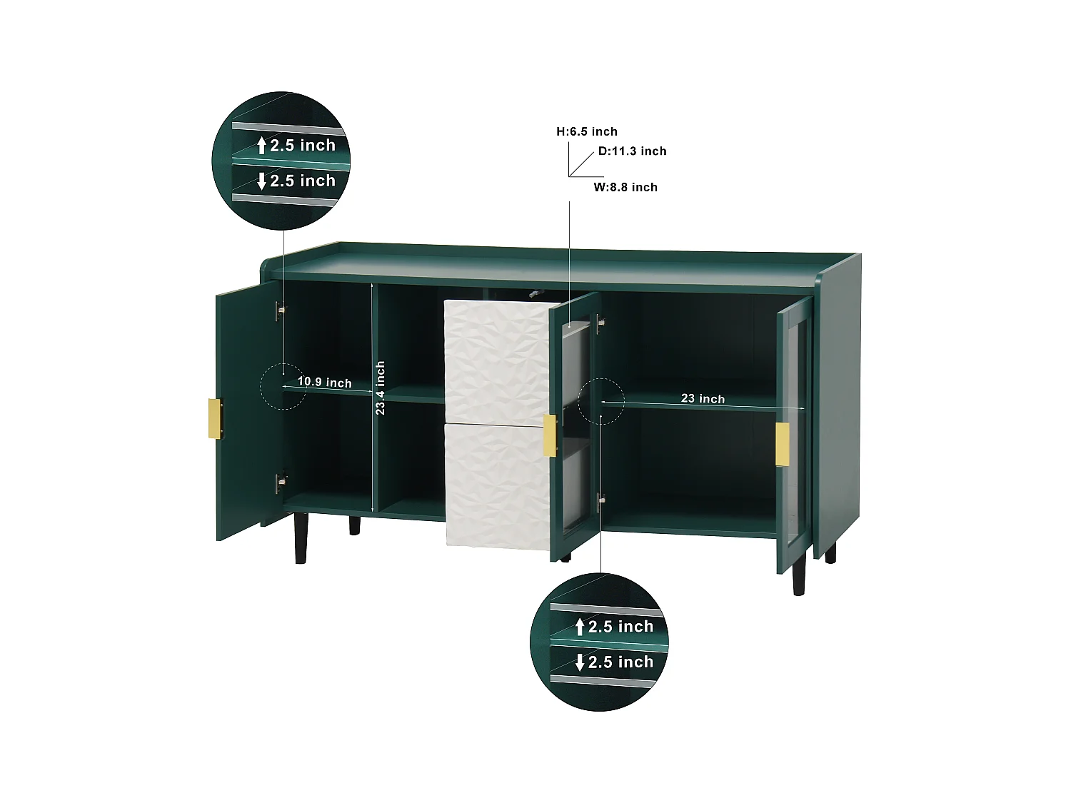 Aparador verde con puertas de cristal, 2 cajones y 2 nichos abiertos, mueble de almacenaje 146x55x80 cm