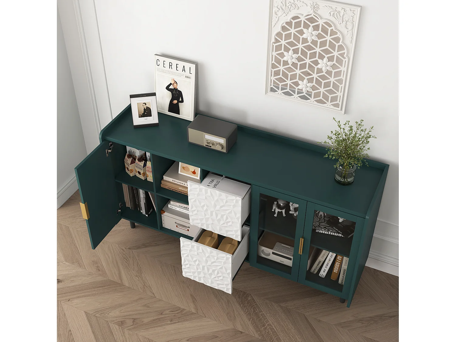 Buffet verticale con porte vetrate, 2 cassetti e 2 nicchie aperte, mobile rangement 146x55x80 cm