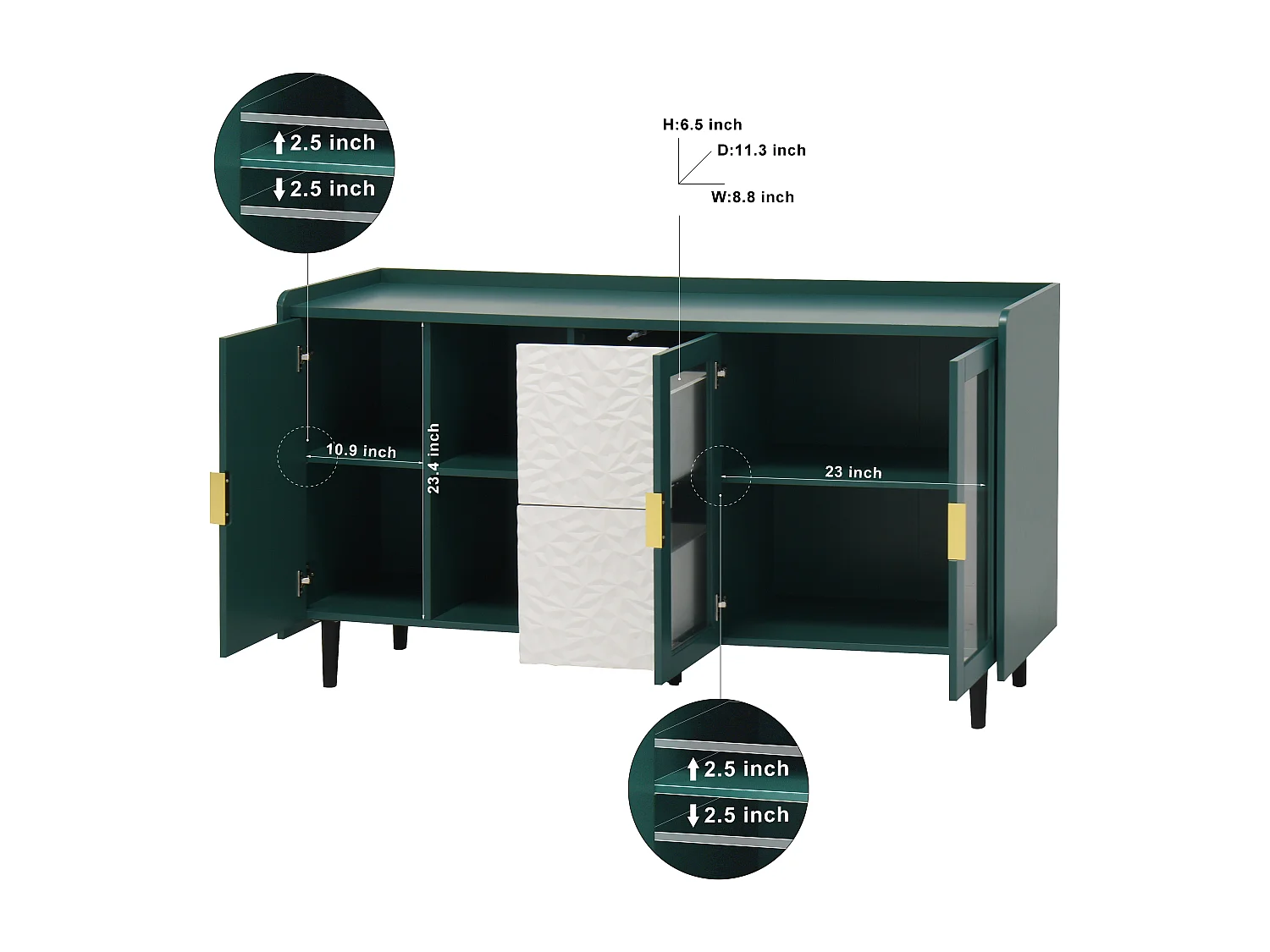 Buffet verticale con porte vetrate, 2 cassetti e 2 nicchie aperte, mobile rangement 146x55x80 cm