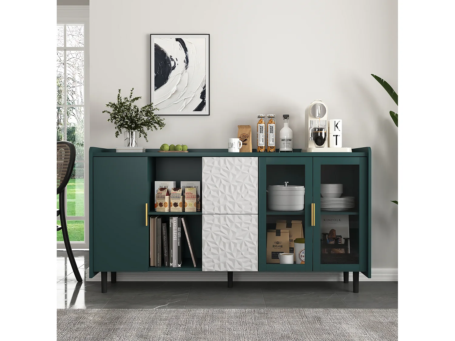 Buffet verticale con porte vetrate, 2 cassetti e 2 nicchie aperte, mobile rangement 146x55x80 cm