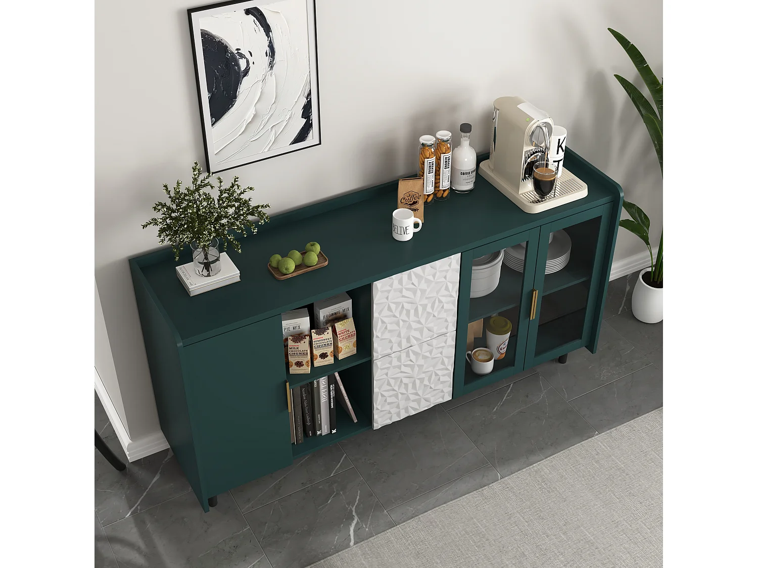 Buffet verticale con porte vetrate, 2 cassetti e 2 nicchie aperte, mobile rangement 146x55x80 cm