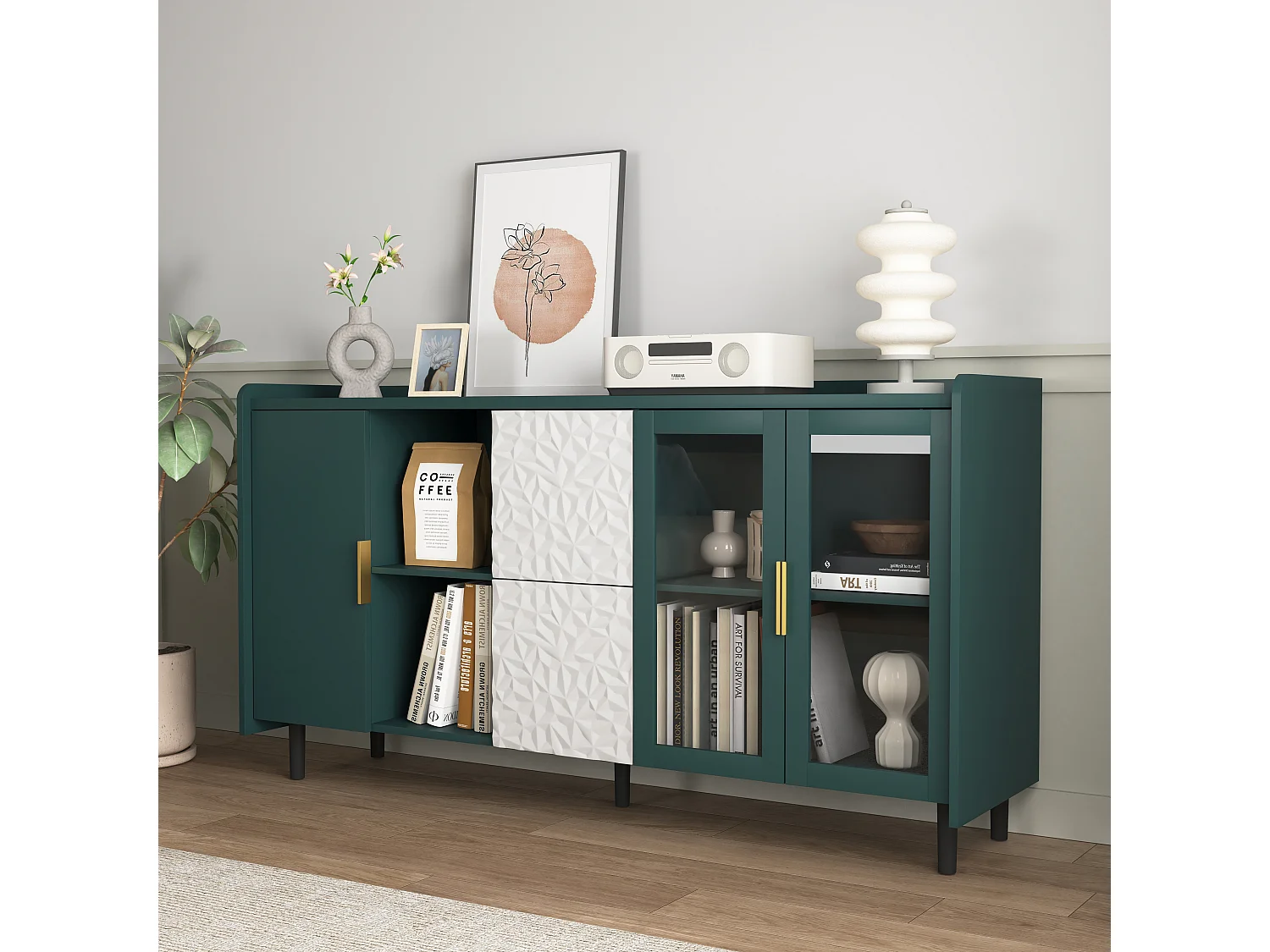 Buffet verticale con porte vetrate, 2 cassetti e 2 nicchie aperte, mobile rangement 146x55x80 cm