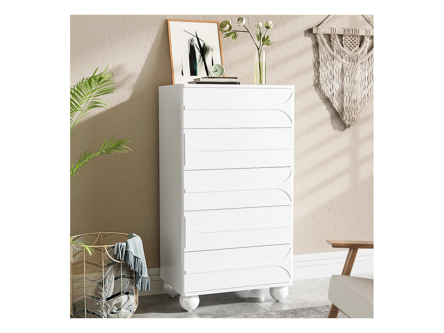 Cómoda de MDF blanco con 5 cajones, diseño gofrado, patas de metal para dormitorio y salón, 60x40x109 cm