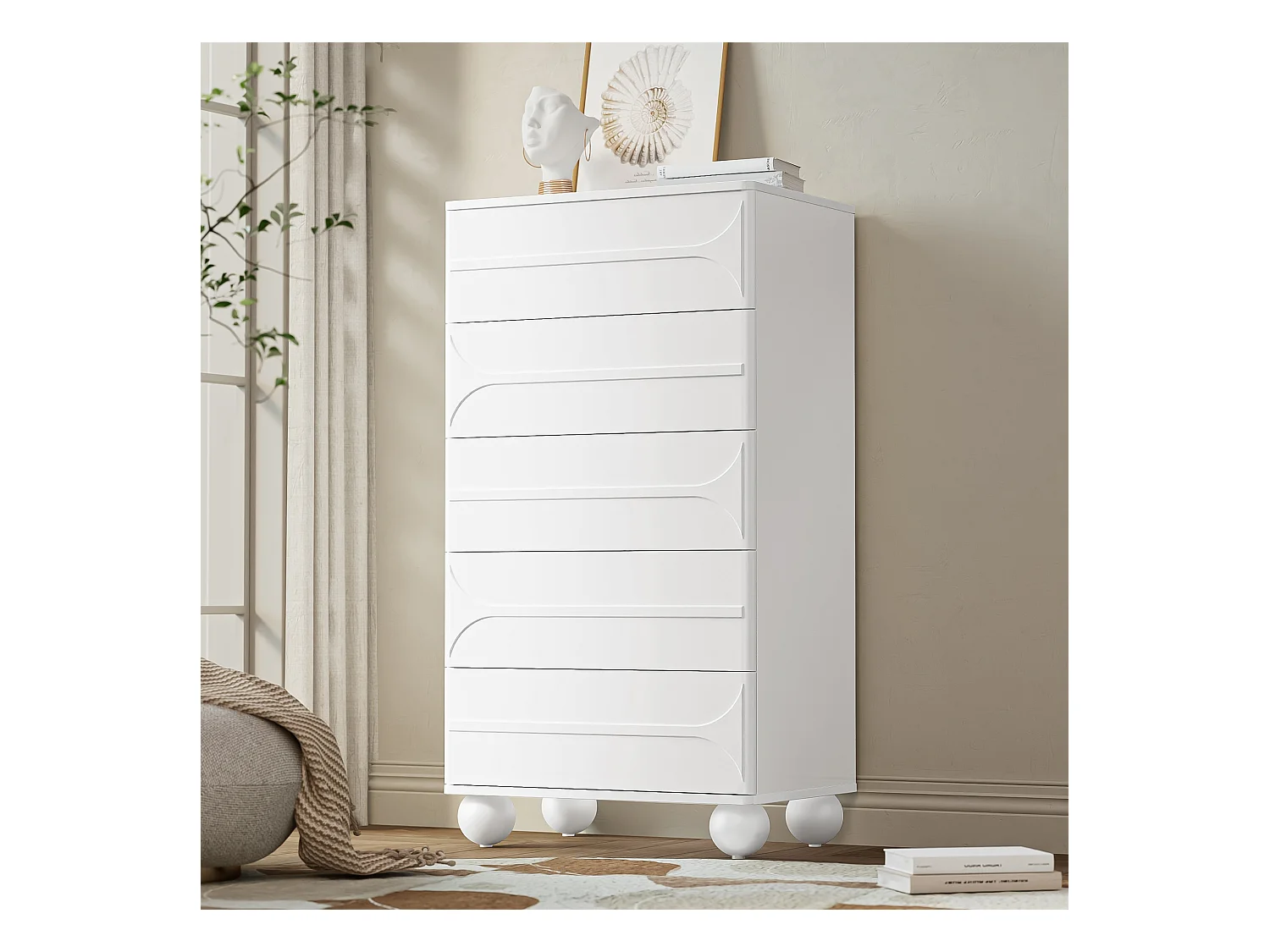 Cómoda de MDF blanco con 5 cajones, diseño gofrado, patas de metal para dormitorio y salón, 60x40x109 cm