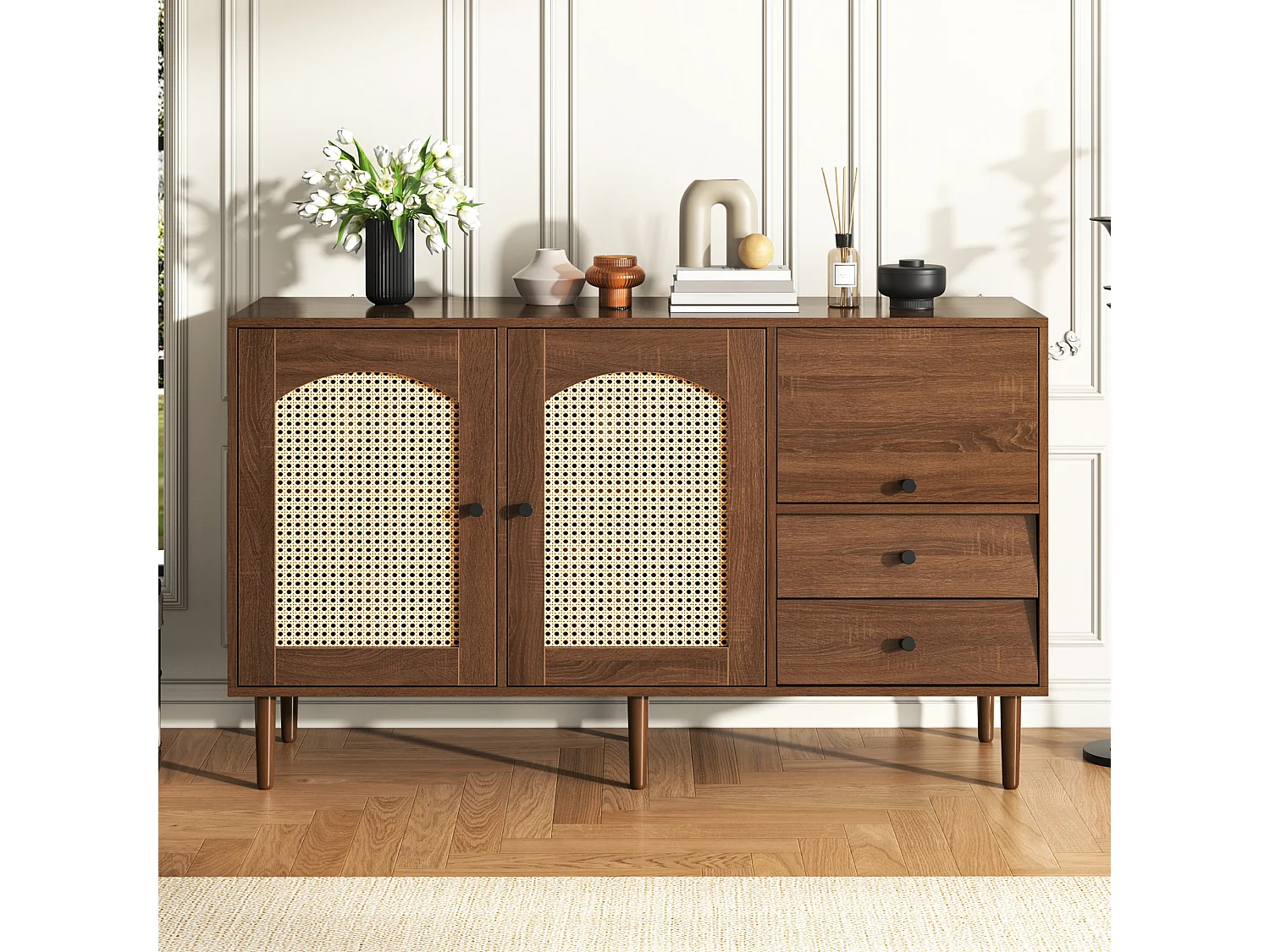 Aparador estilo campestre PB puertas de ratán almacenaje salón comedor 130x40x75,5 cm