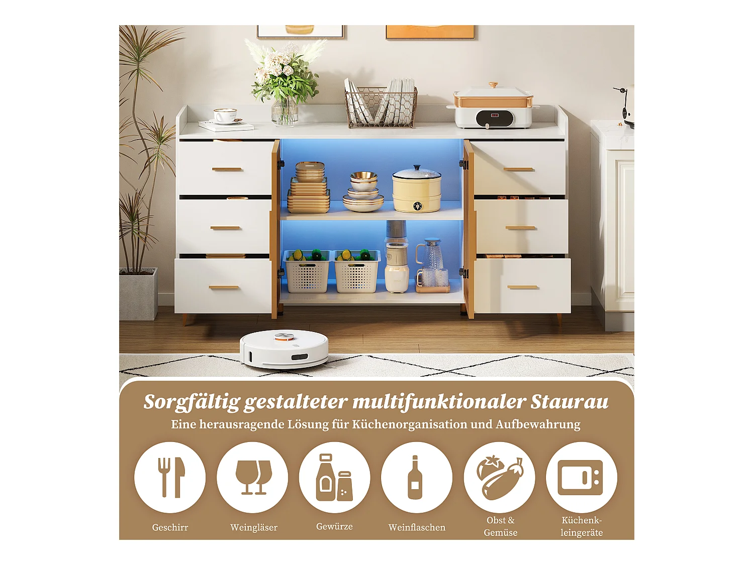 Aparador moderno de MDF blanco con 6 cajones y puertas de cristal, iluminación LED con control remoto para cocina y salón.