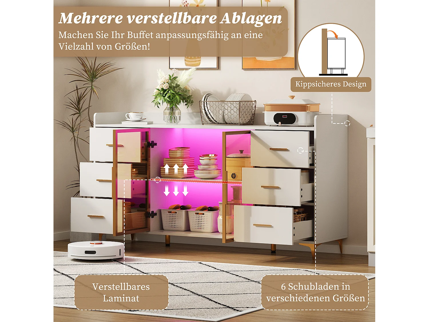 Aparador moderno de MDF blanco con 6 cajones y puertas de cristal, iluminación LED con control remoto para cocina y salón.