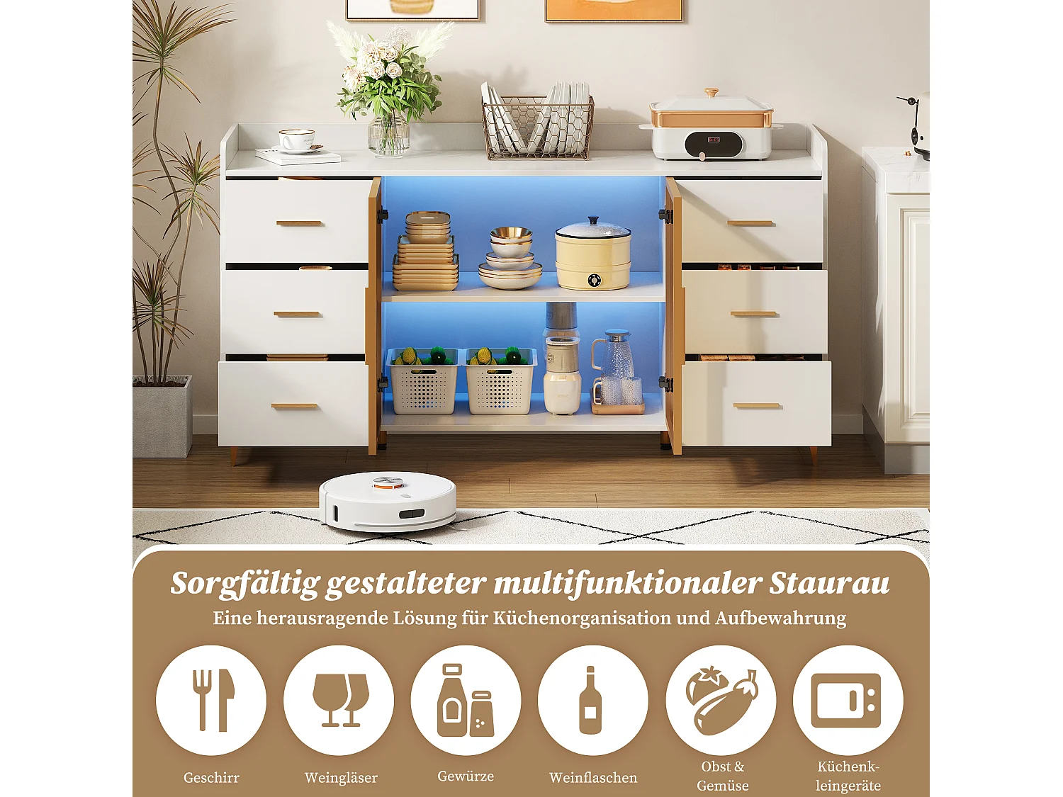 Aparador moderno de MDF blanco con 6 cajones y puertas de cristal, iluminación LED con control remoto para cocina y salón.