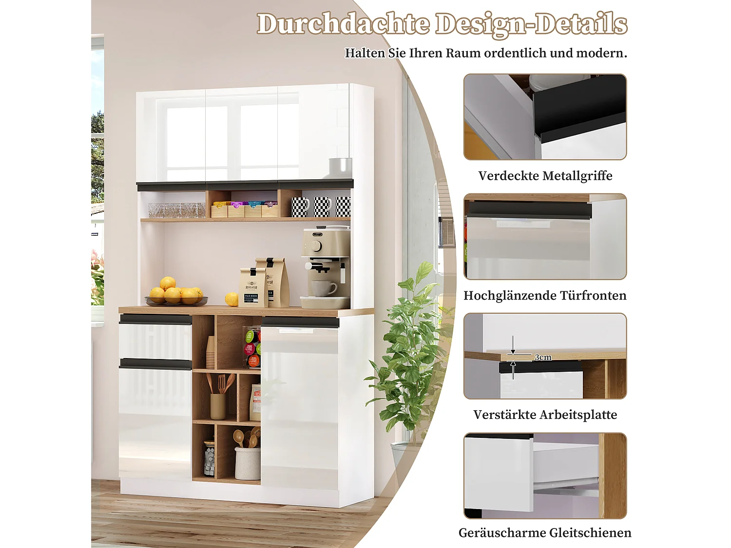 Aparador de MDF branco brilhante com 3 gavetas e prateleiras ajustáveis ​​para cozinha e sala de estar