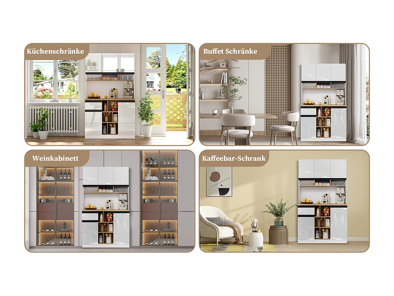 Aparador de MDF branco brilhante com 3 gavetas e prateleiras ajustáveis ​​para cozinha e sala de estar