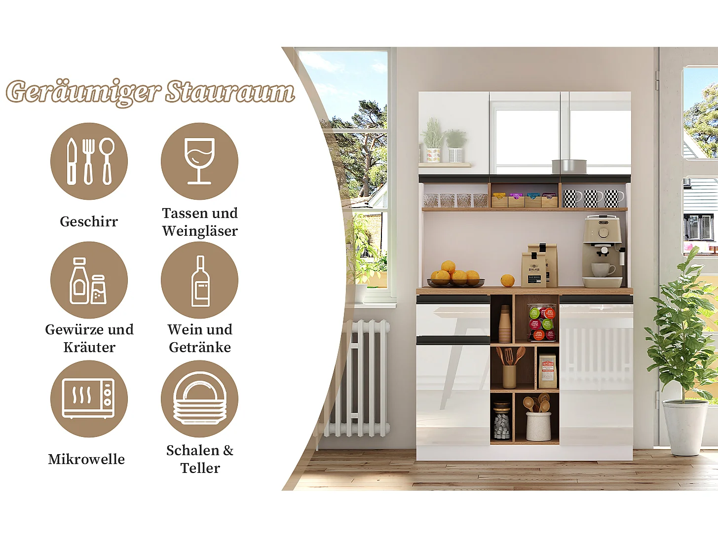 Aparador de MDF branco brilhante com 3 gavetas e prateleiras ajustáveis ​​para cozinha e sala de estar