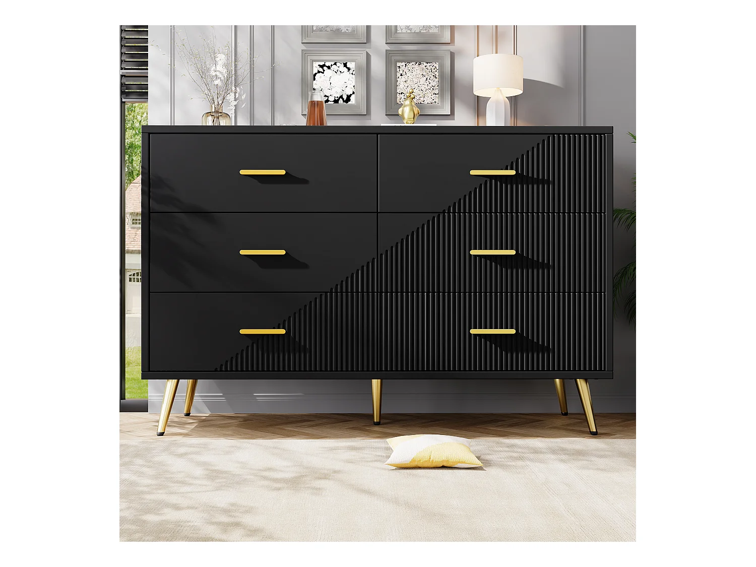 Cômoda moderna de MDF com 6 gavetas, armazenamento, sala de estar, quarto, preta, pés dourados, 120x40x75cm