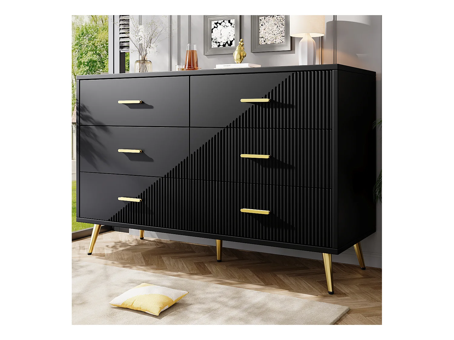 Cômoda moderna de MDF com 6 gavetas, armazenamento, sala de estar, quarto, preta, pés dourados, 120x40x75cm