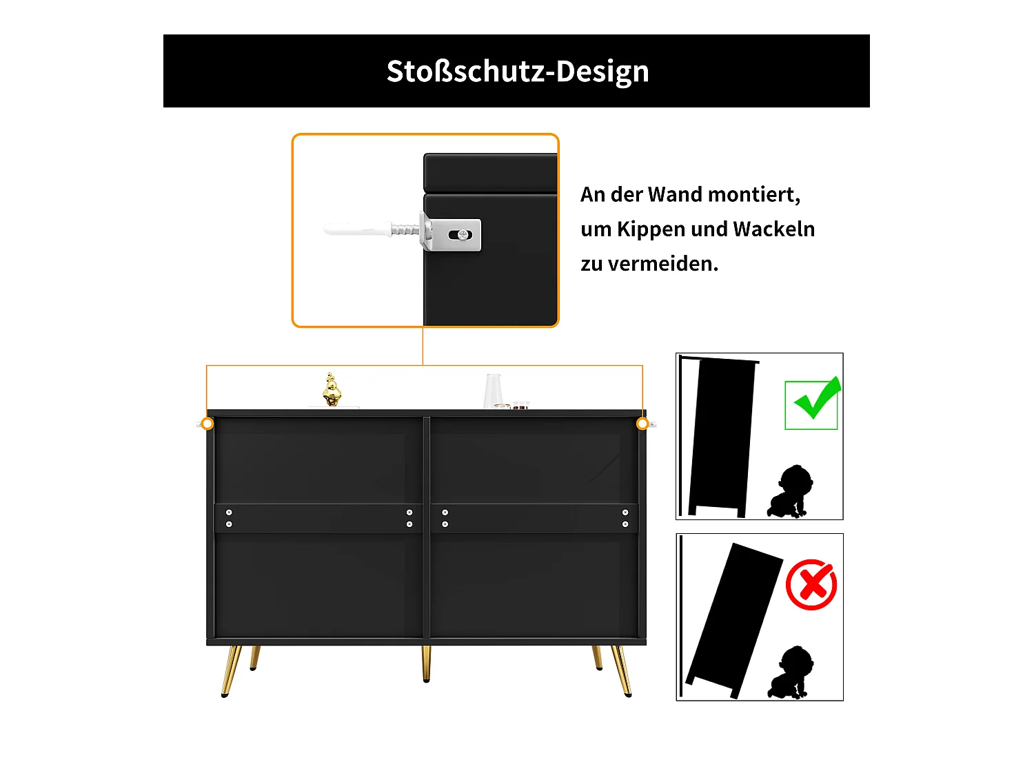 Cômoda moderna de MDF com 6 gavetas, armazenamento, sala de estar, quarto, preta, pés dourados, 120x40x75cm