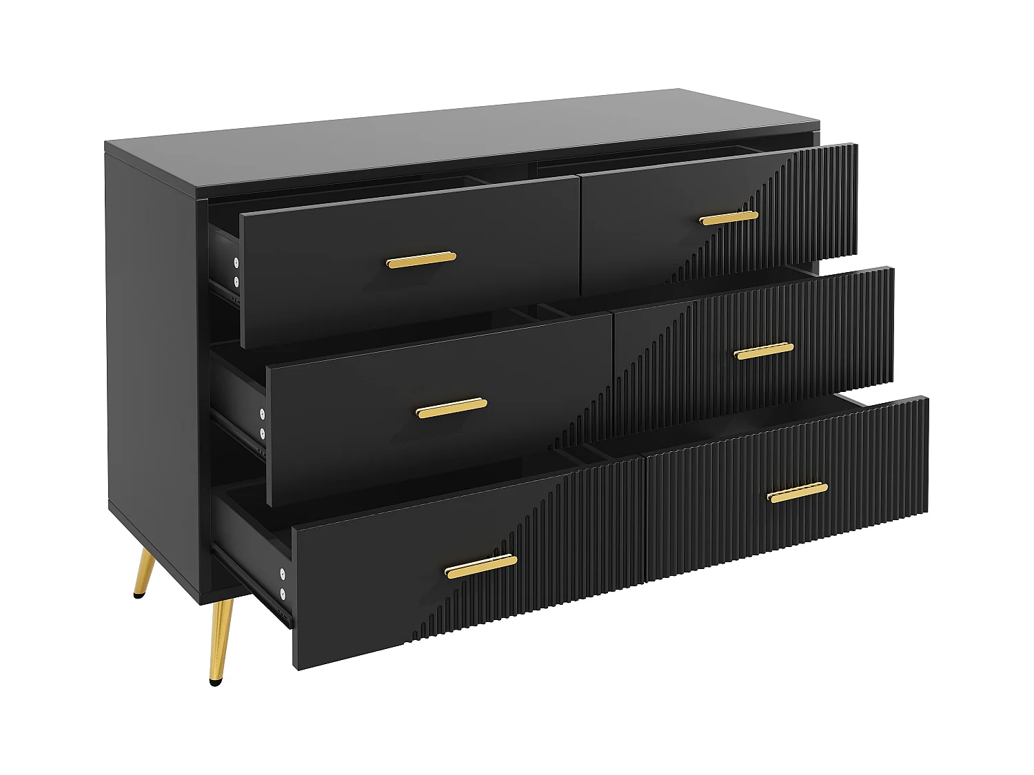 Cômoda moderna de MDF com 6 gavetas, armazenamento, sala de estar, quarto, preta, pés dourados, 120x40x75cm